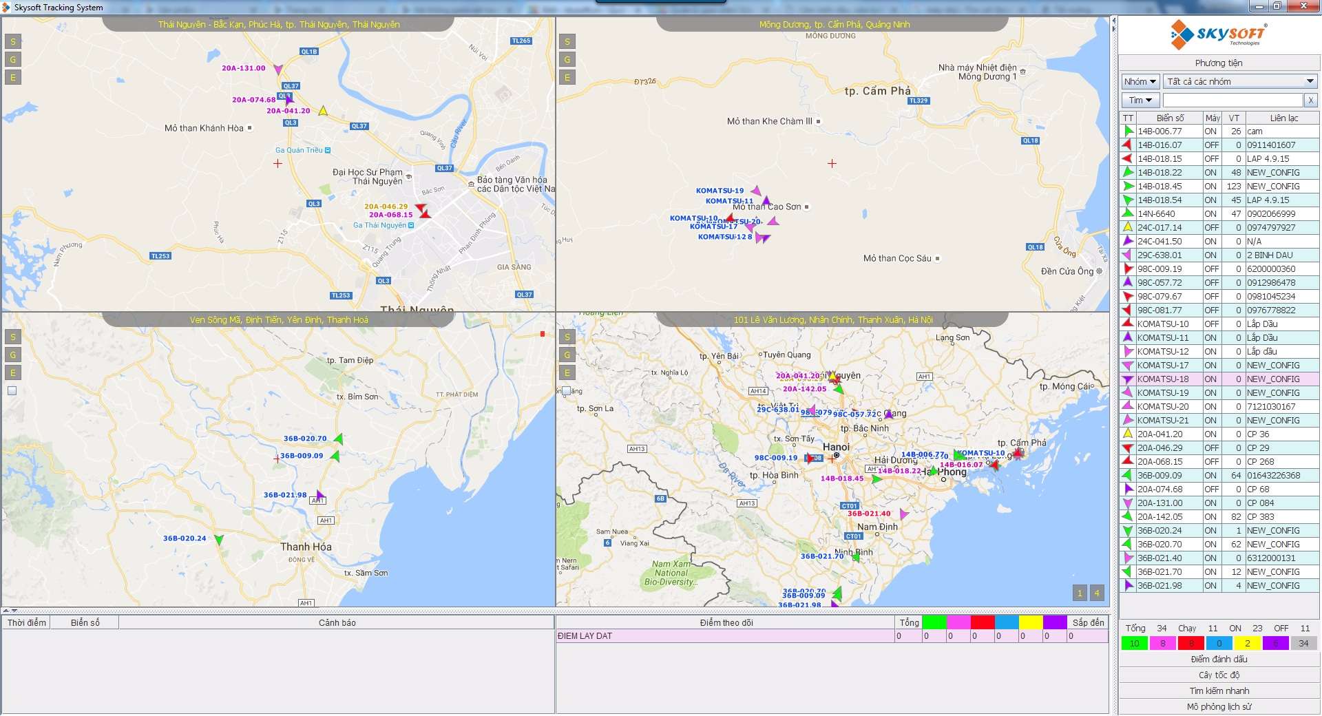 Hệ thống giám sát hành trình cho phép hiển thị cùng lúc 4 bản đồ khu vực trên giao diện quản lý