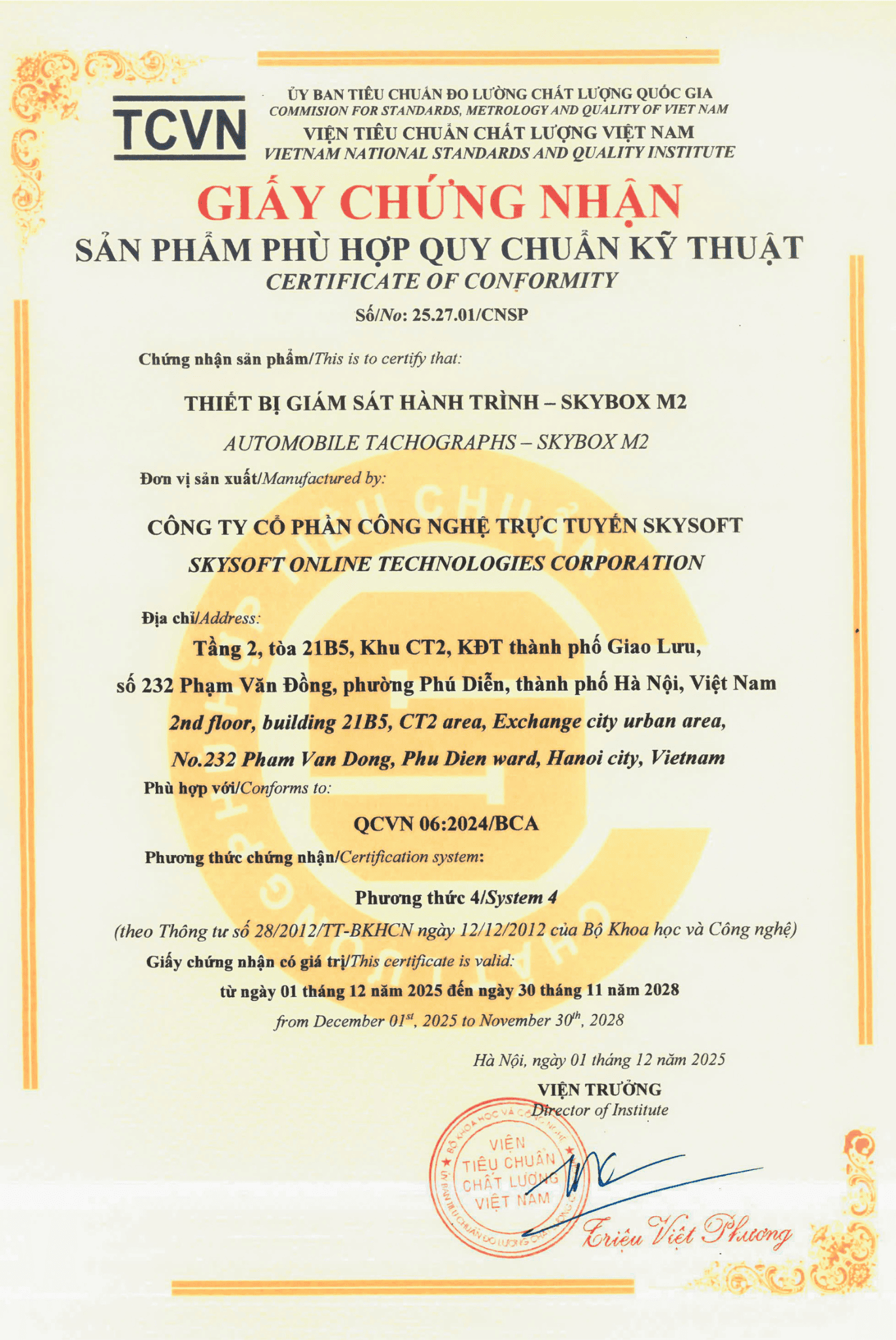 Giáy chứng nhận hợp quy của thiết bị giám sát hành trình Skybox M2