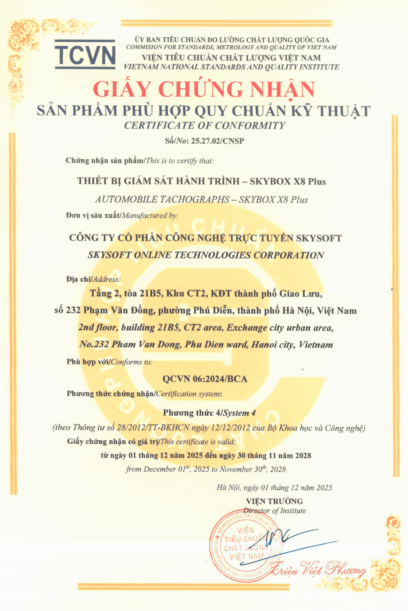 Giáy chứng nhận hợp quy của thiết bị giám sát hành trình x8 plus