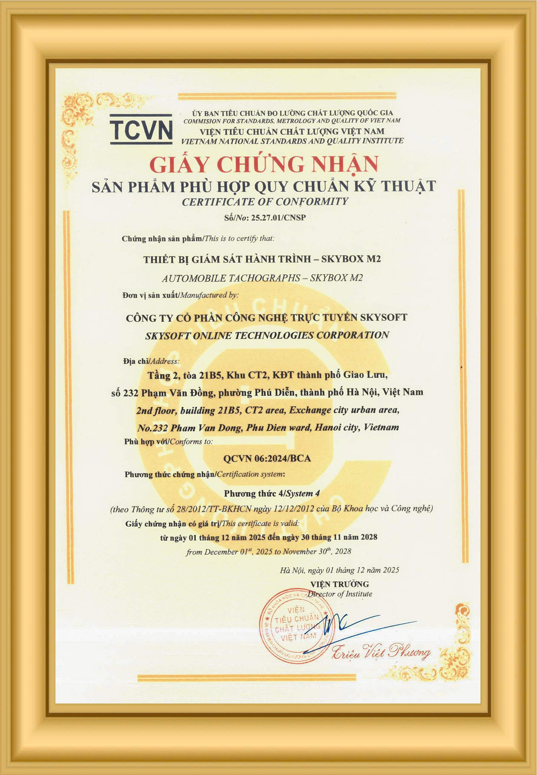 Giáy chứng nhận hợp quy của thiết bị giám sát hành trình Skybox M2